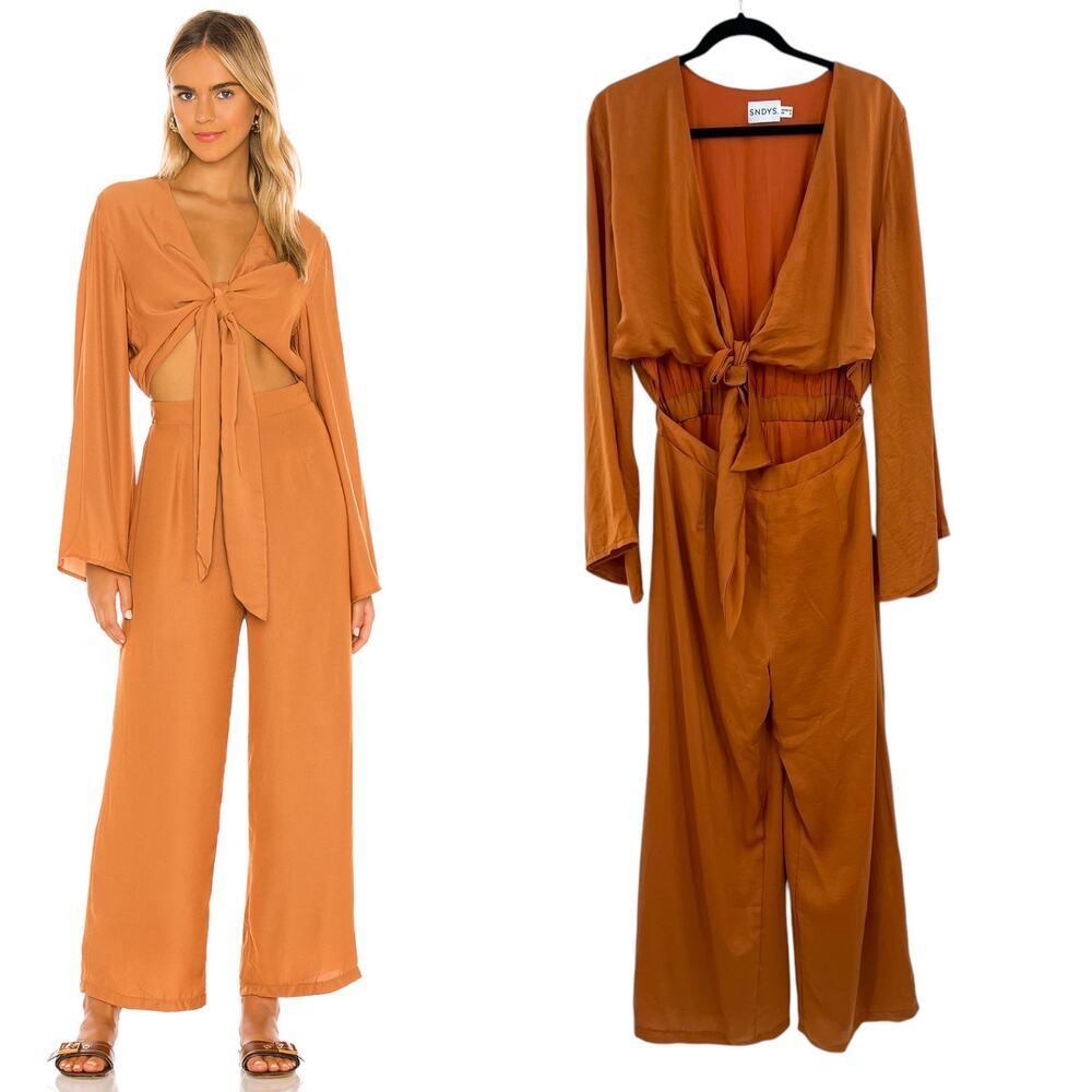 SNDYS Pluto Jumpsuit in Rust Orange Long‎ Sleeve Tie Cut Out Size US 6